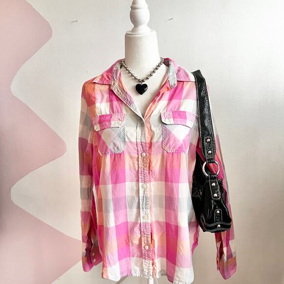 American Eagle Womens Shirt Cotton Button Down Large Plaid Y2K Academia Fall - Picture 1 of 8